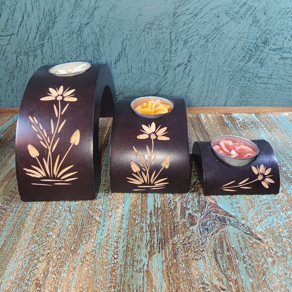 Boho Chic Wooden Floral Candle Holders Set/3 - Hand Carved Arch Tea Light Trio - Picture 3 of 10
